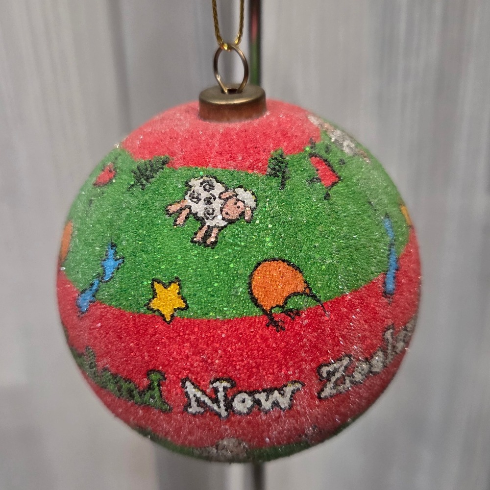 New Zealand Souvenir Christmas Ornament Sheep Kiwi Bird Glittered Bauble Red